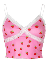 Kurzes Cami-Top mit Spitzenbesatz und Erdbeermuster